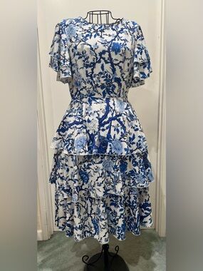 SHEIN Blue and White Floral Tiered Midi Dress
